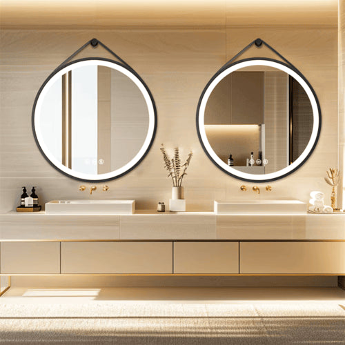 Miroir rond chauffant LED avec une sangle en cuir, idéal pour une salle de bain élégante