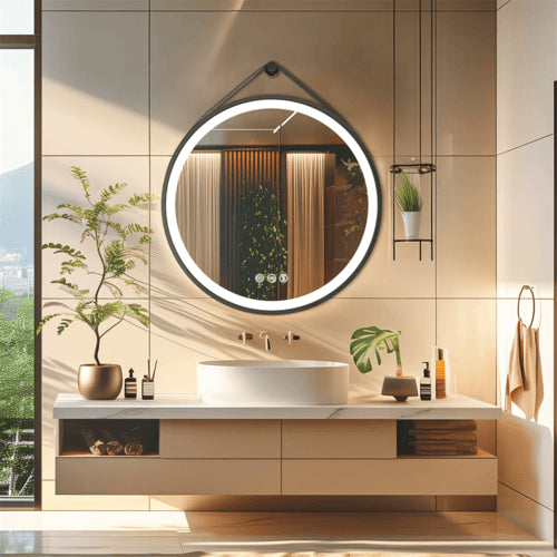 Miroir rond chauffant avec cadre en aluminium noir et éclairage LED, parfait pour une salle de bain moderne