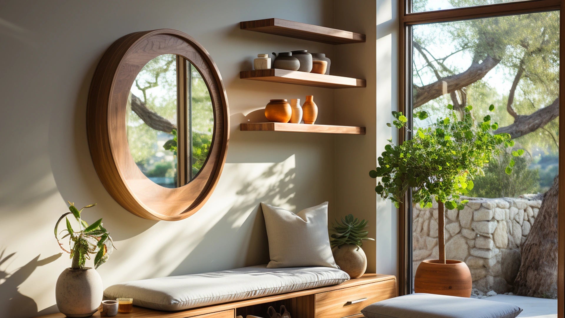 Miroir rond avec un cadre en bois naturel, intégré dans un décor scandinave avec éléments en bois clair et plantes vertes pour une ambiance lumineuse et chaleureuse