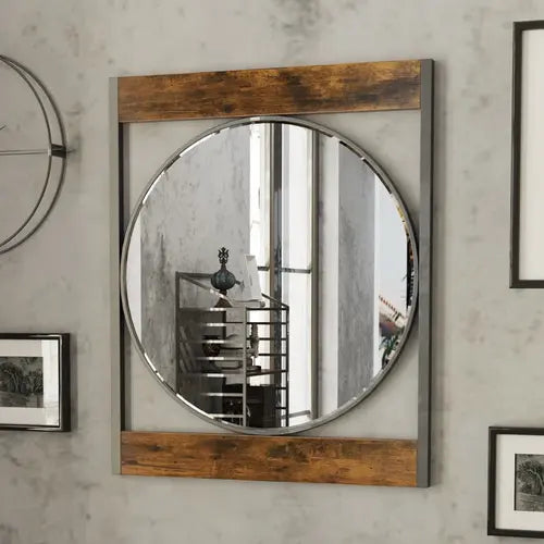 Vue de près du miroir industriel vintage en métal et bois, mettant en valeur son cadre robuste et finition bois patiné