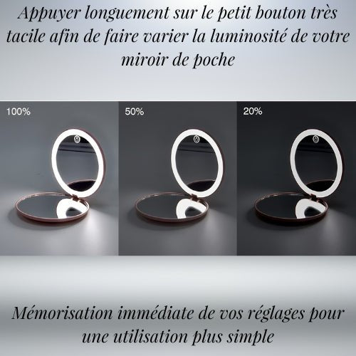 Miroir de poche LED avec luminosité réglable à 100%, 50%, et 20% - Miroir France