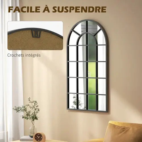Miroir industriel noir arqué avec cadre en métal robuste, dimensions 110x62 cm, idéal pour un design atelier chic