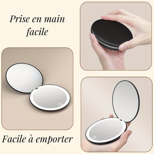 Miroir de poche LED avec prise en main facile, idéal à emporter