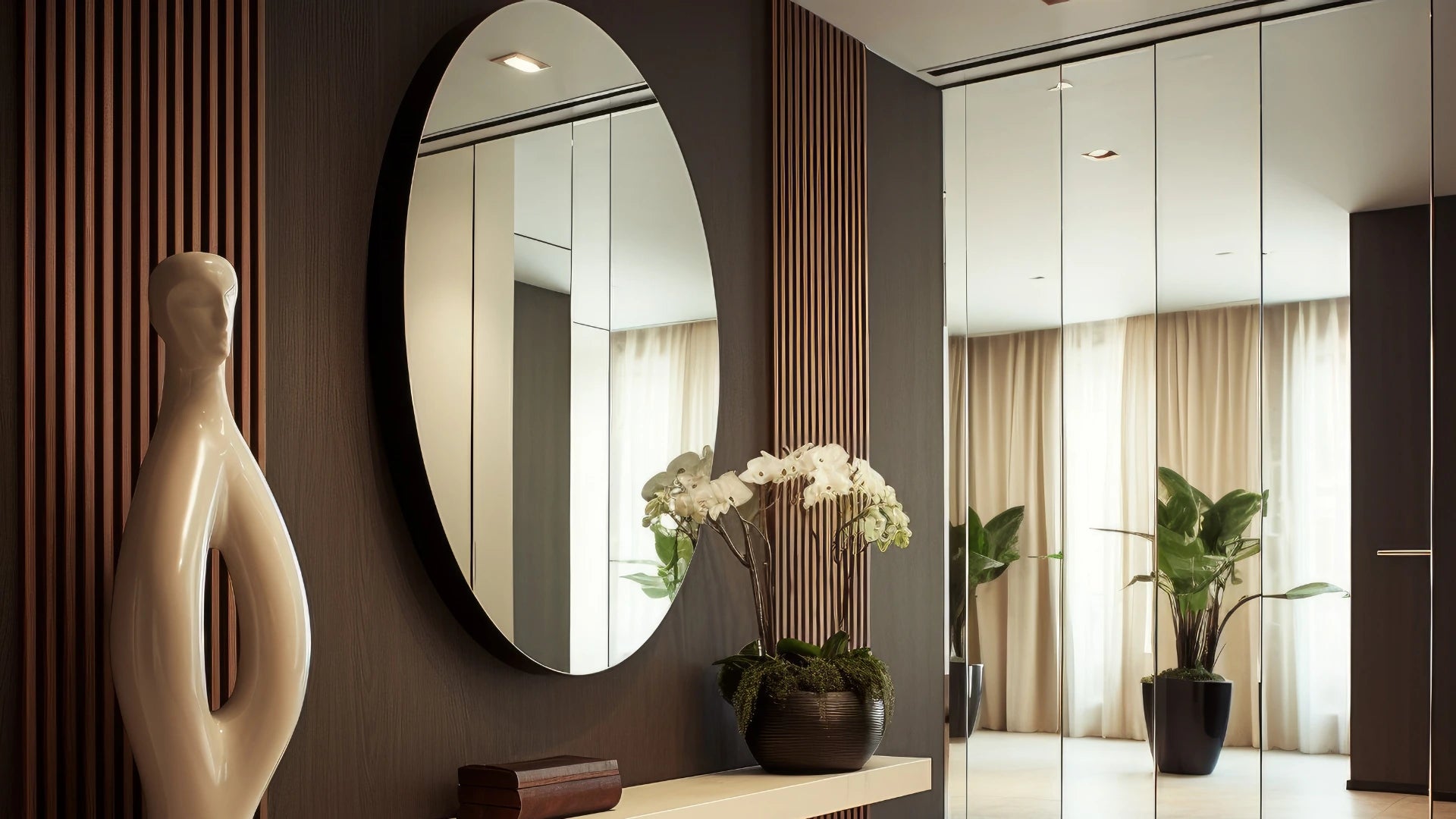 Miroir rond moderne avec bord noir, suspendu sur un mur aux lignes épurées, dans un intérieur moderne mêlant bois chaleureux et décoration minimaliste