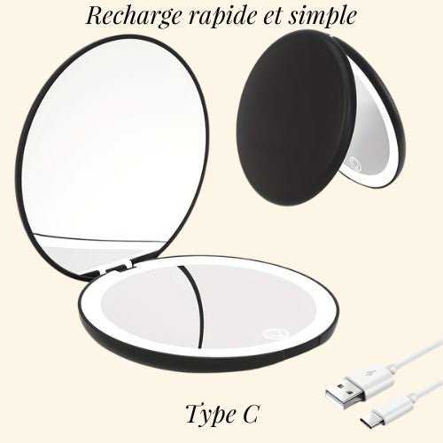 Miroir de poche LED rechargeable rapidement en USB Type C - Miroir France