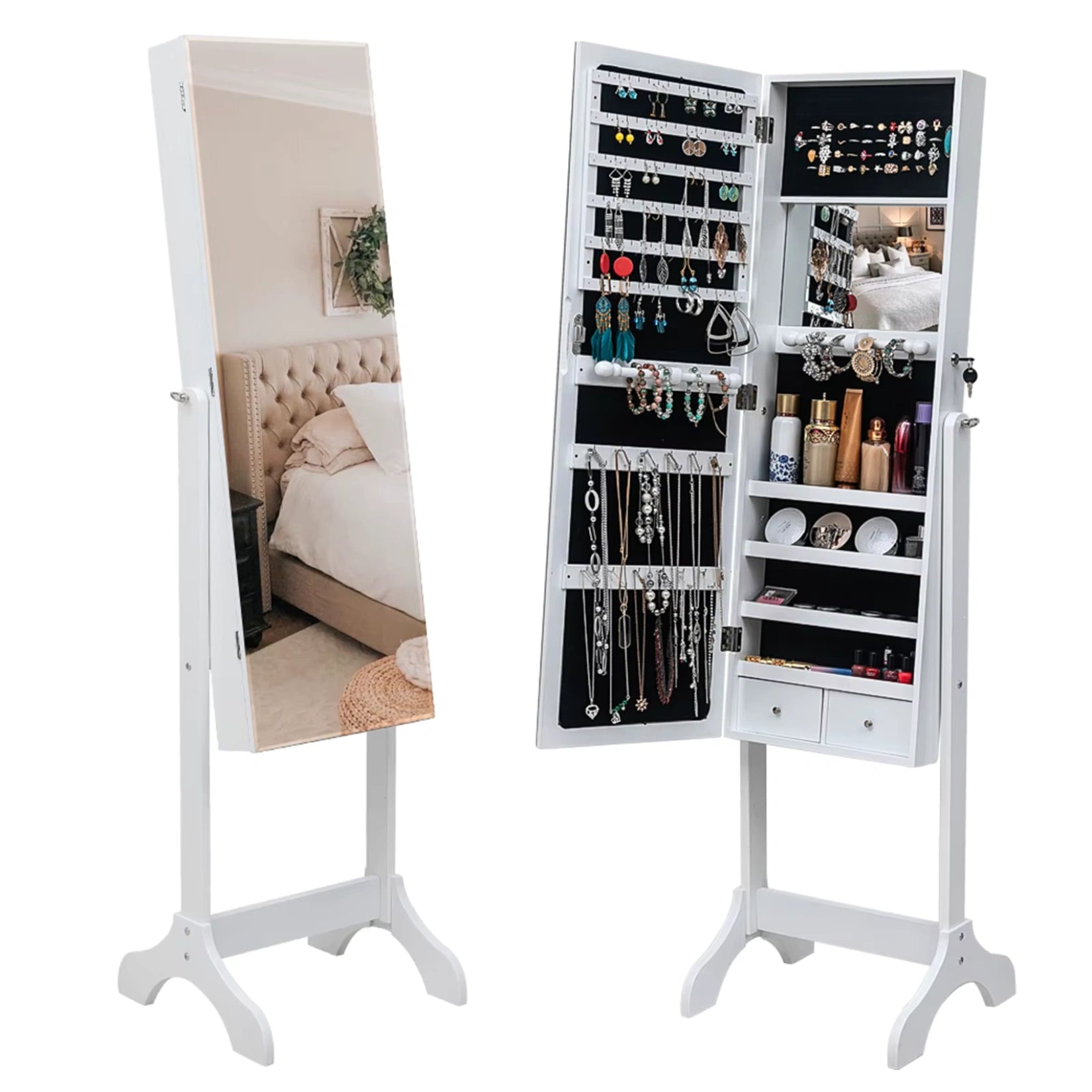 Vue de l'armoire à bijoux miroir sur pied ouverte et fermée montrant sa capacité de rangement.