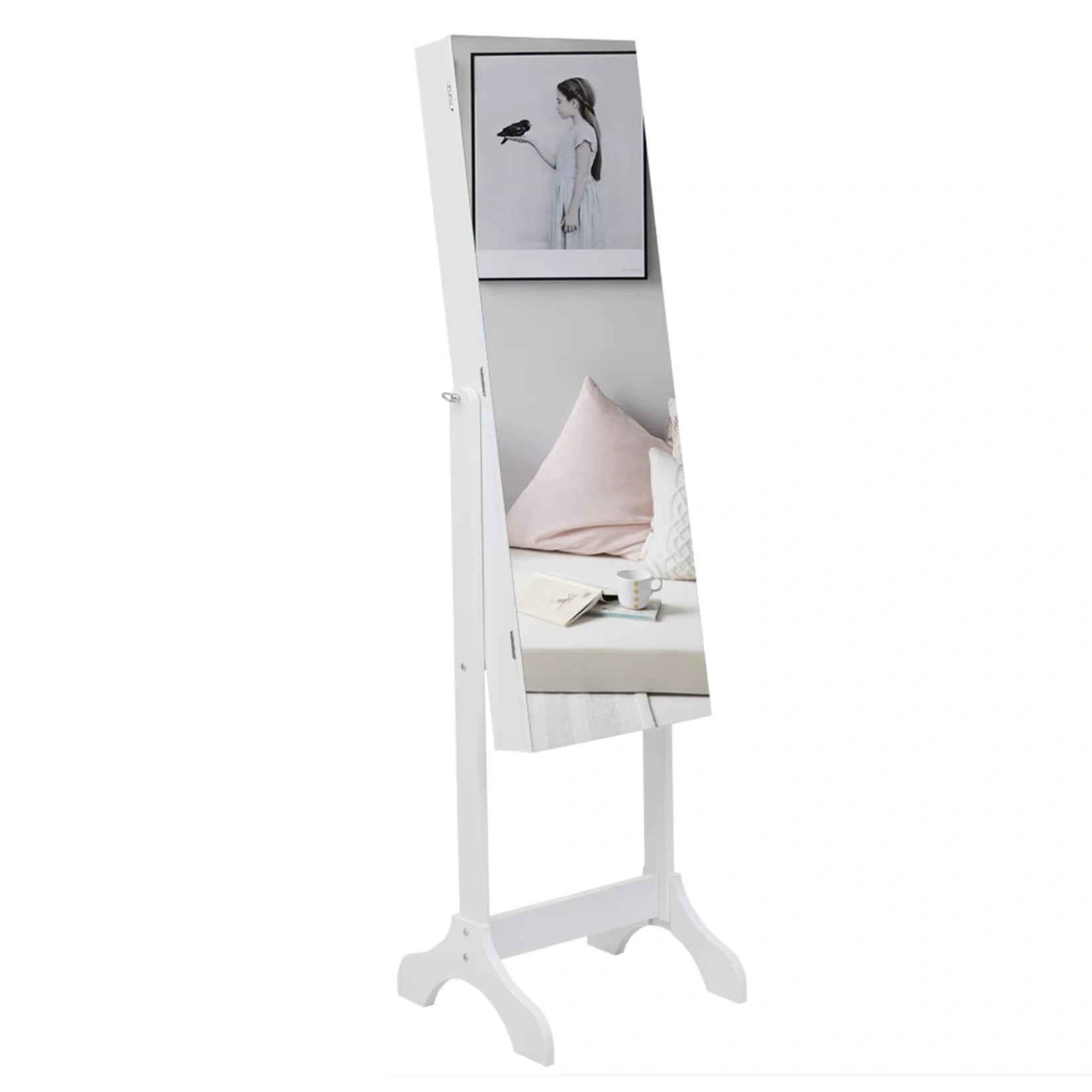Armoire à bijoux miroir sur pied vue de profil en position fermée sans ouverture.