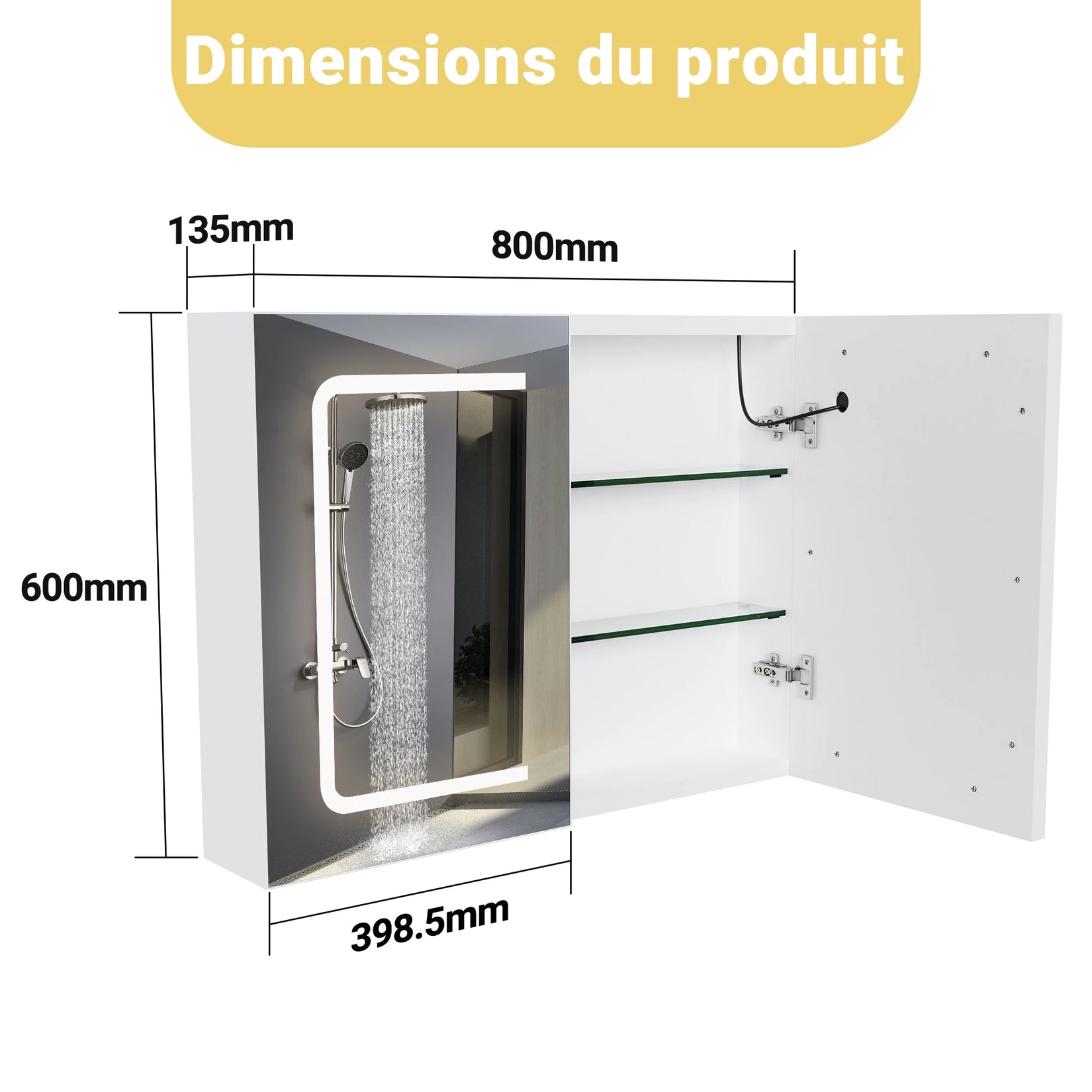 Dimensions détaillées de l’Armoire à Miroir Salle de Bain avec profondeur de rangement.