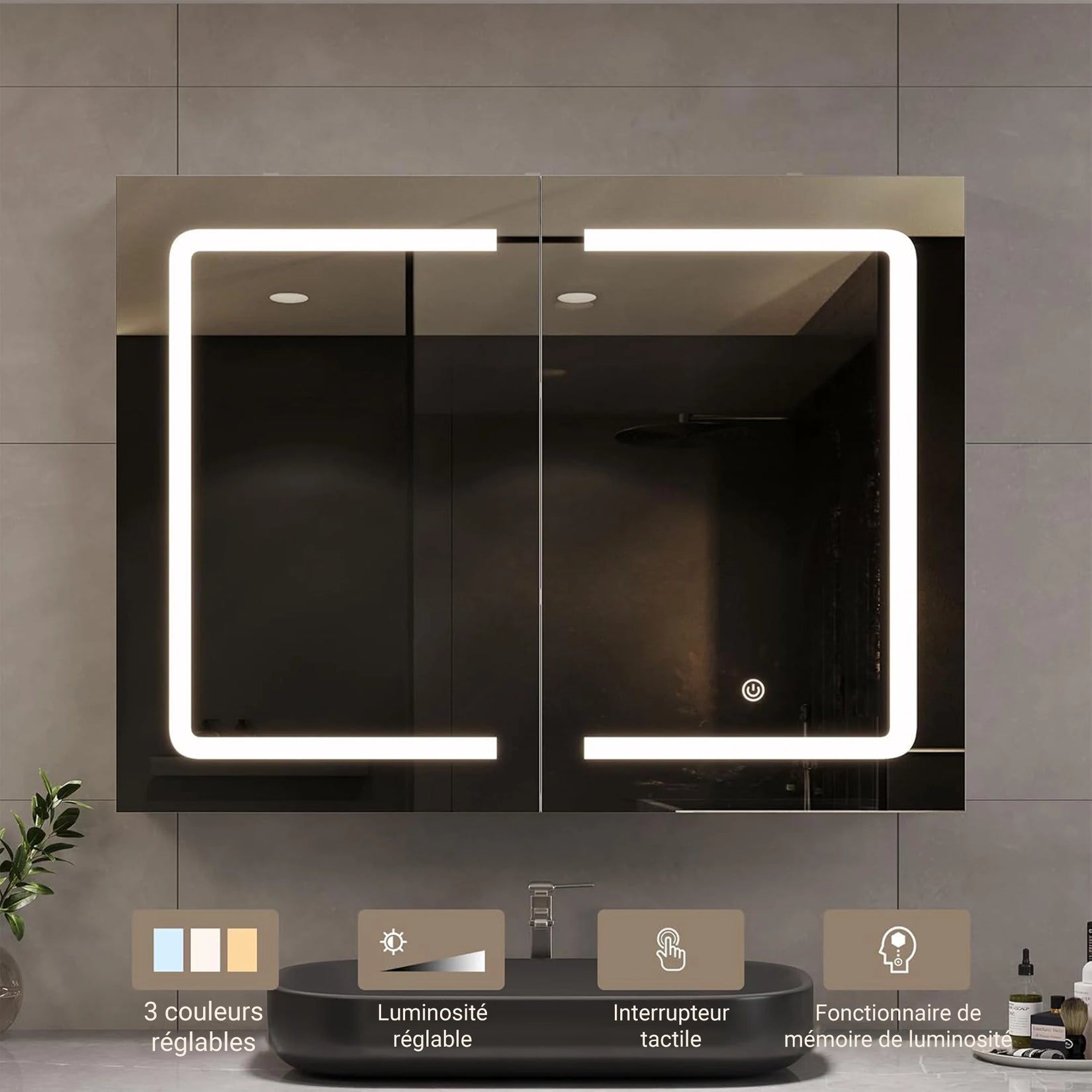 Armoire à Miroir Salle de Bain avec éclairage LED réglable et bouton tactile.