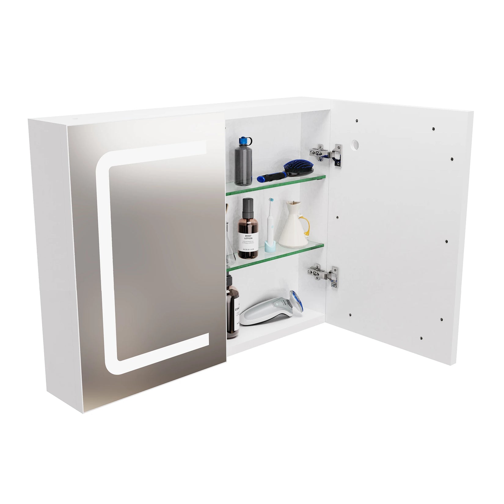 Vue ouverte de l’Armoire à Miroir Salle de Bain avec rangements optimisés.