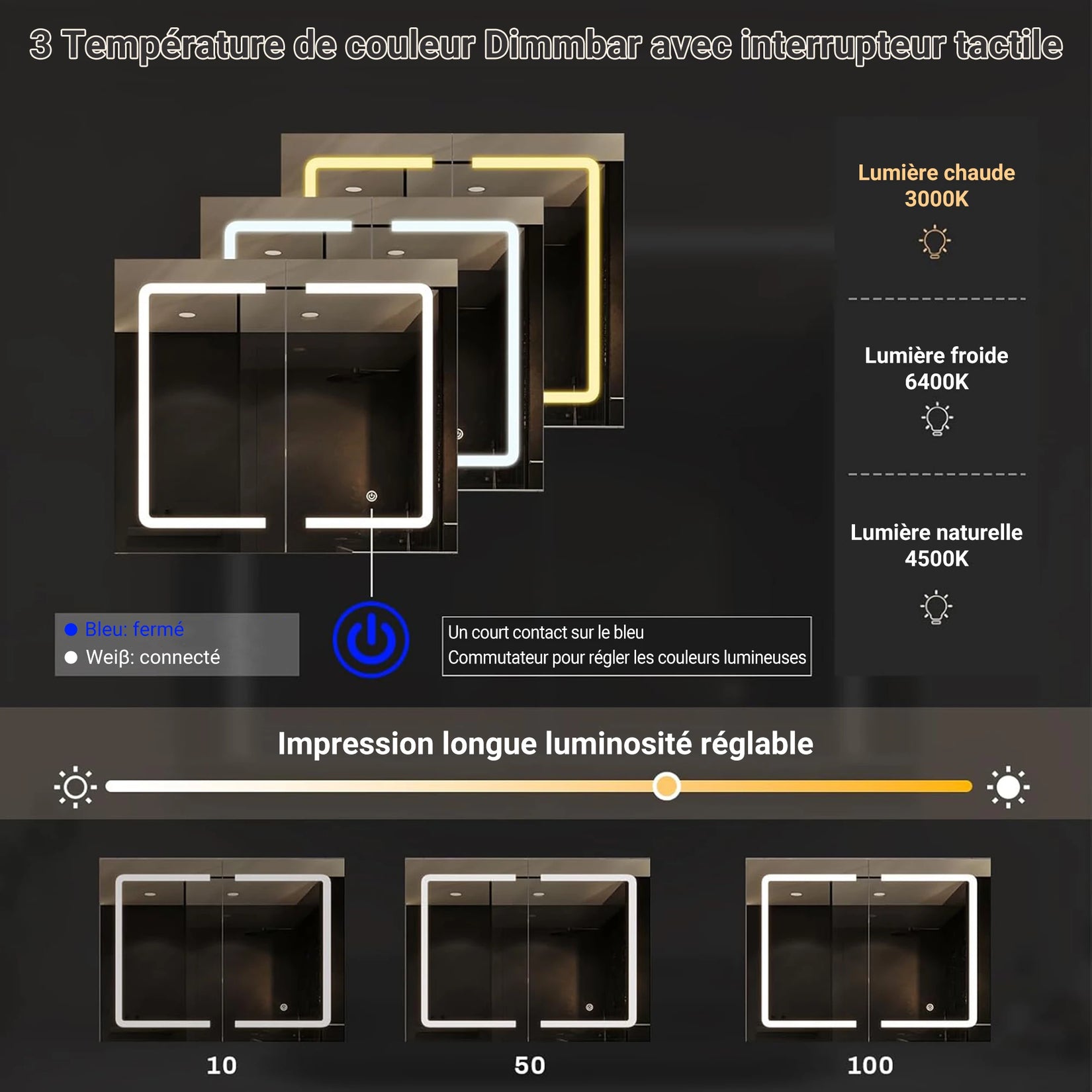 Températures de couleur LED de l’Armoire à Miroir Salle de Bain : chaud, froid, naturel.