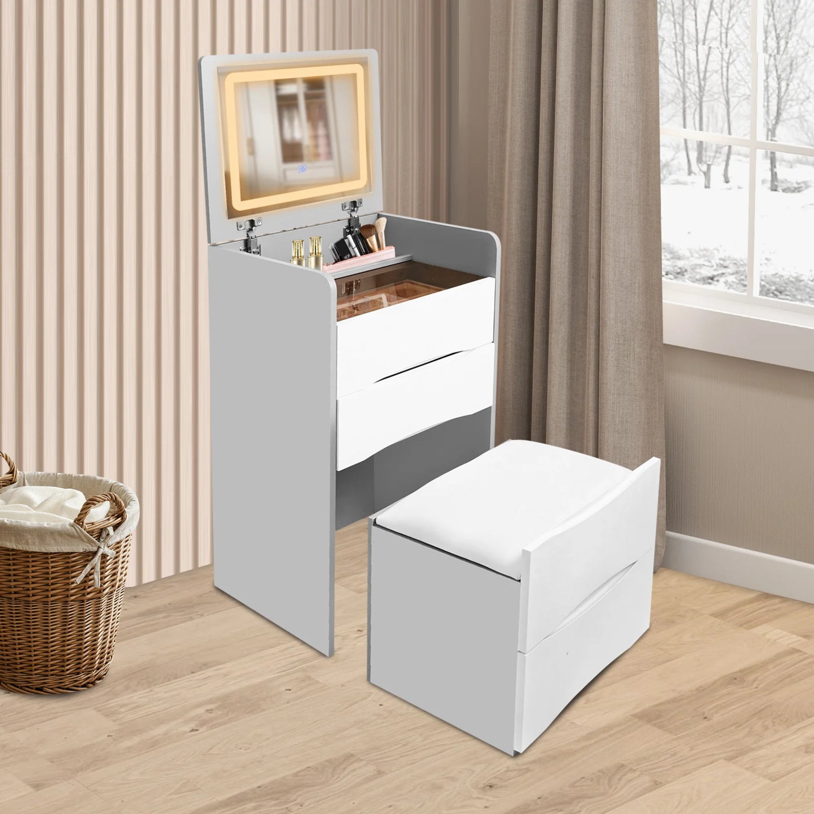 Armoire Bijoux avec tabouret blanc assorti et rangement discret.