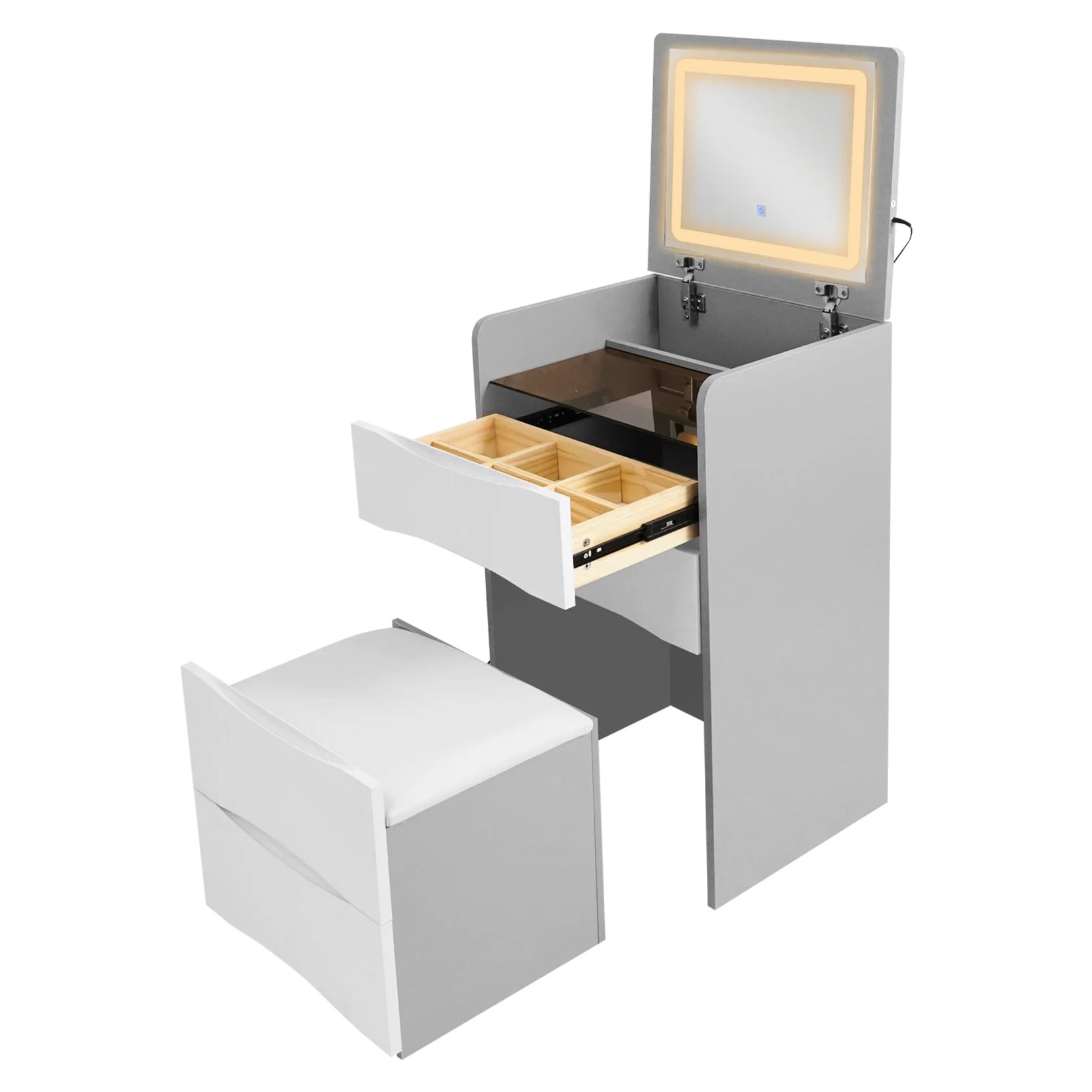 Armoire Bijoux compacte avec coiffeuse grise et blanche, miroir LED et tiroirs ouverts.