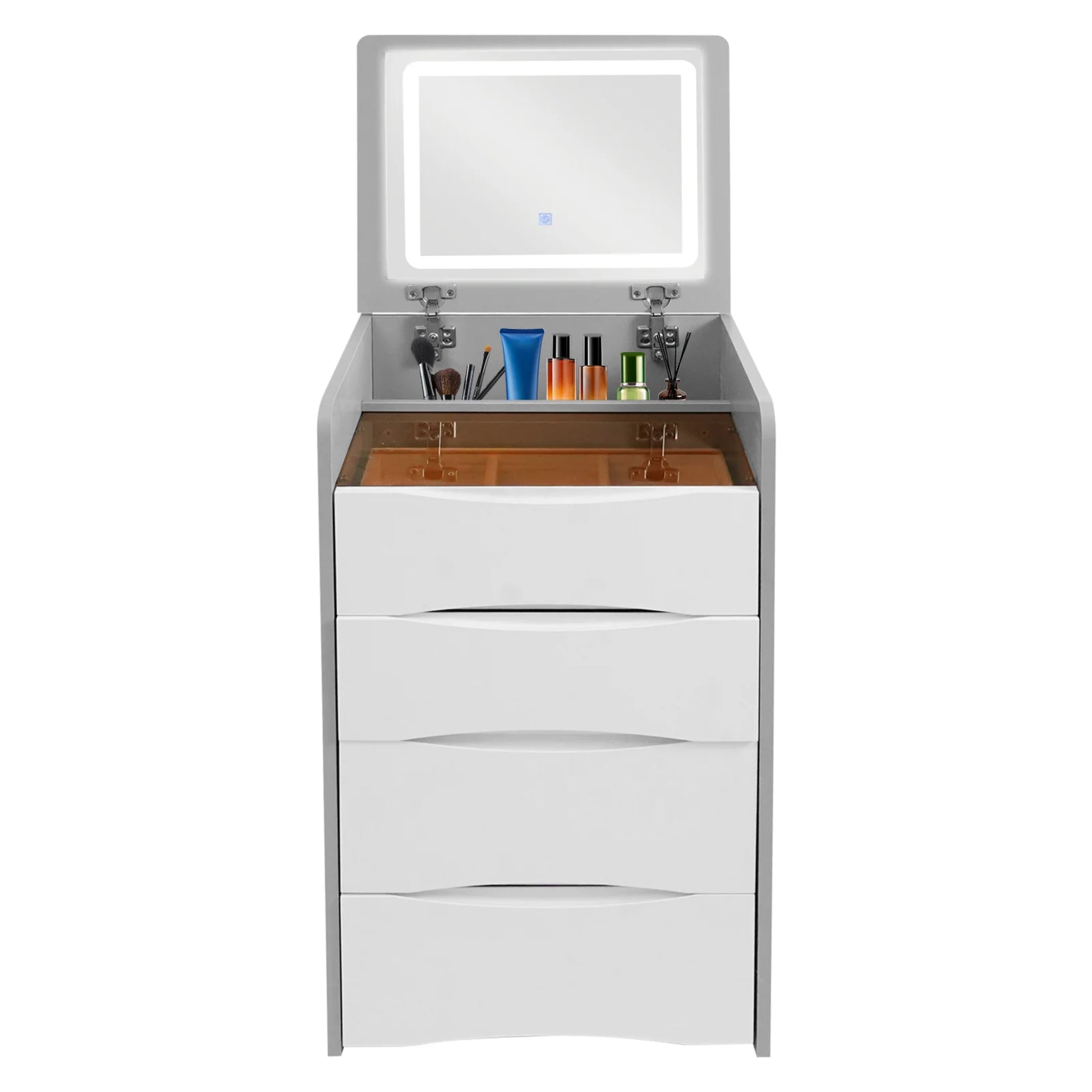 Miroir LED et étagères intégrées de l'Armoire Bijoux coiffeuse.