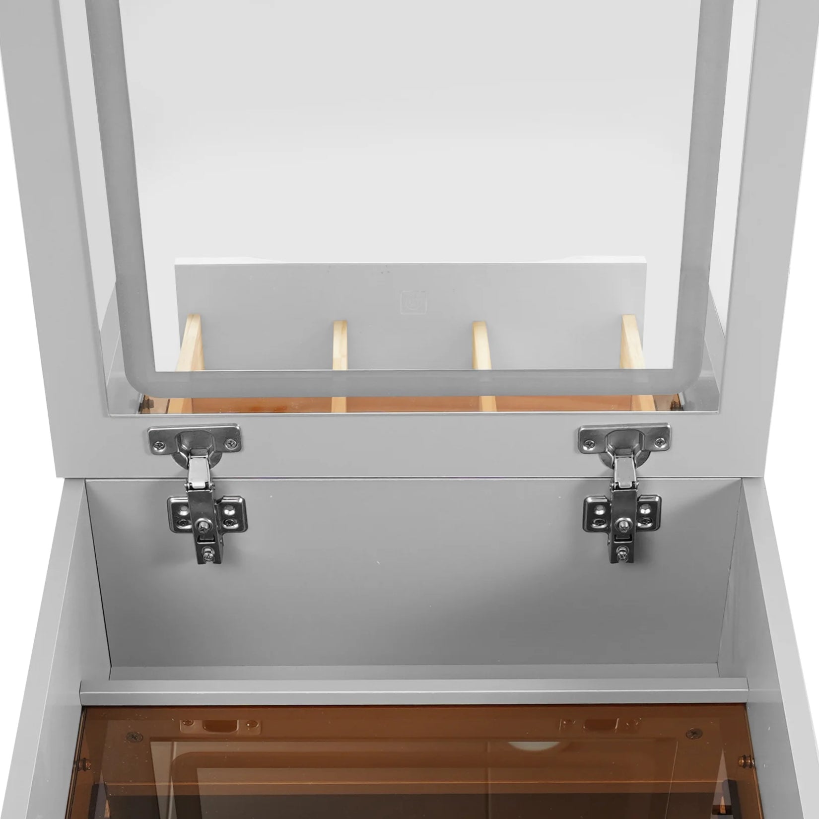 Miroir ouvert avec charnières robustes de l'Armoire Bijoux.
