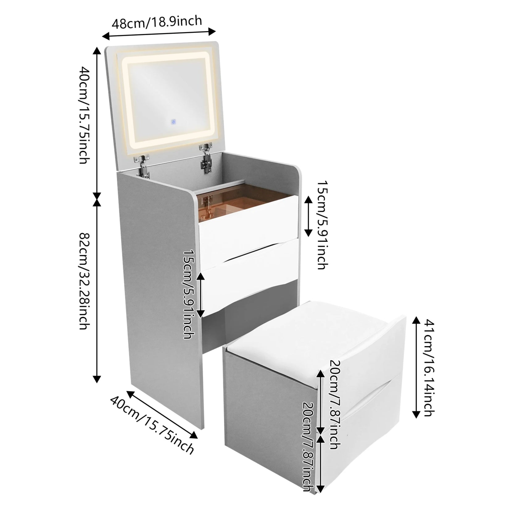 Armoire Bijoux avec miroir LED, tabouret inclus et dimensions détaillées (48x40x82 cm).