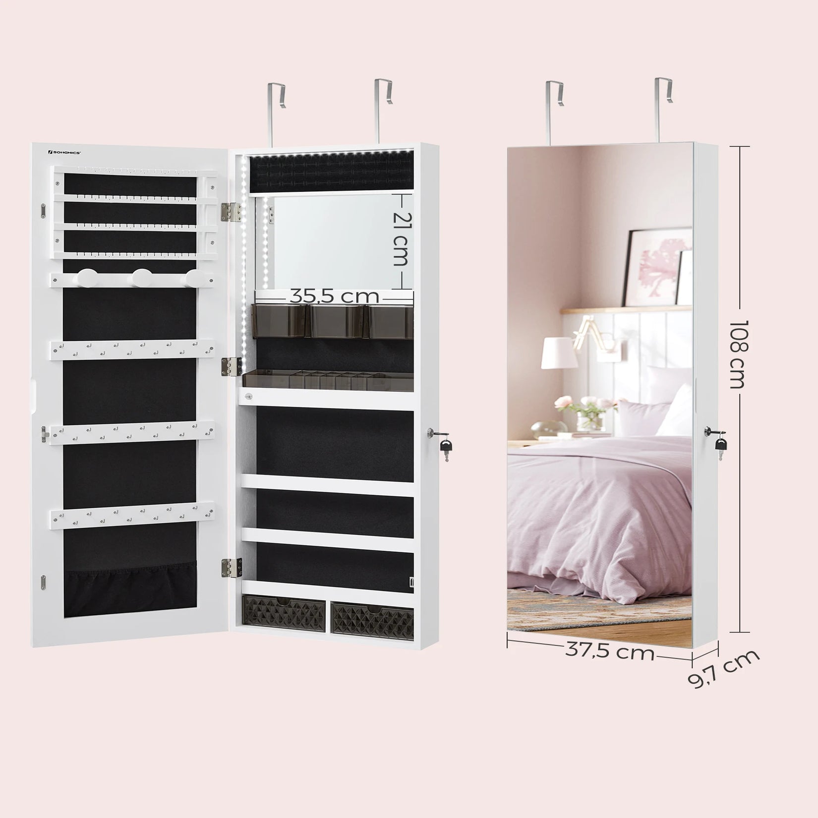 Dimensions précises de l’armoire bijoux miroir mural avec crochets et miroir visible.