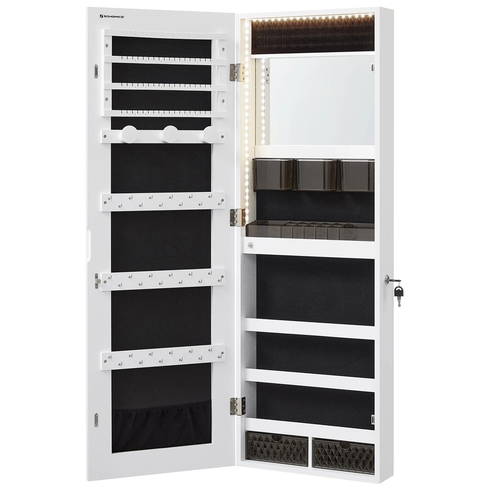 Armoire bijoux miroir mural ouverte avec éclairage LED et rangements visibles.