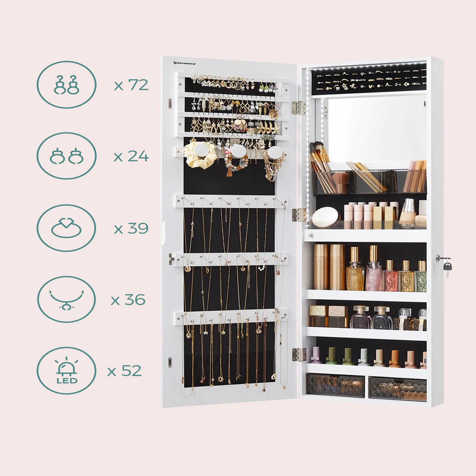 Capacités de rangement de l’armoire bijoux miroir mural avec icônes et bijoux.