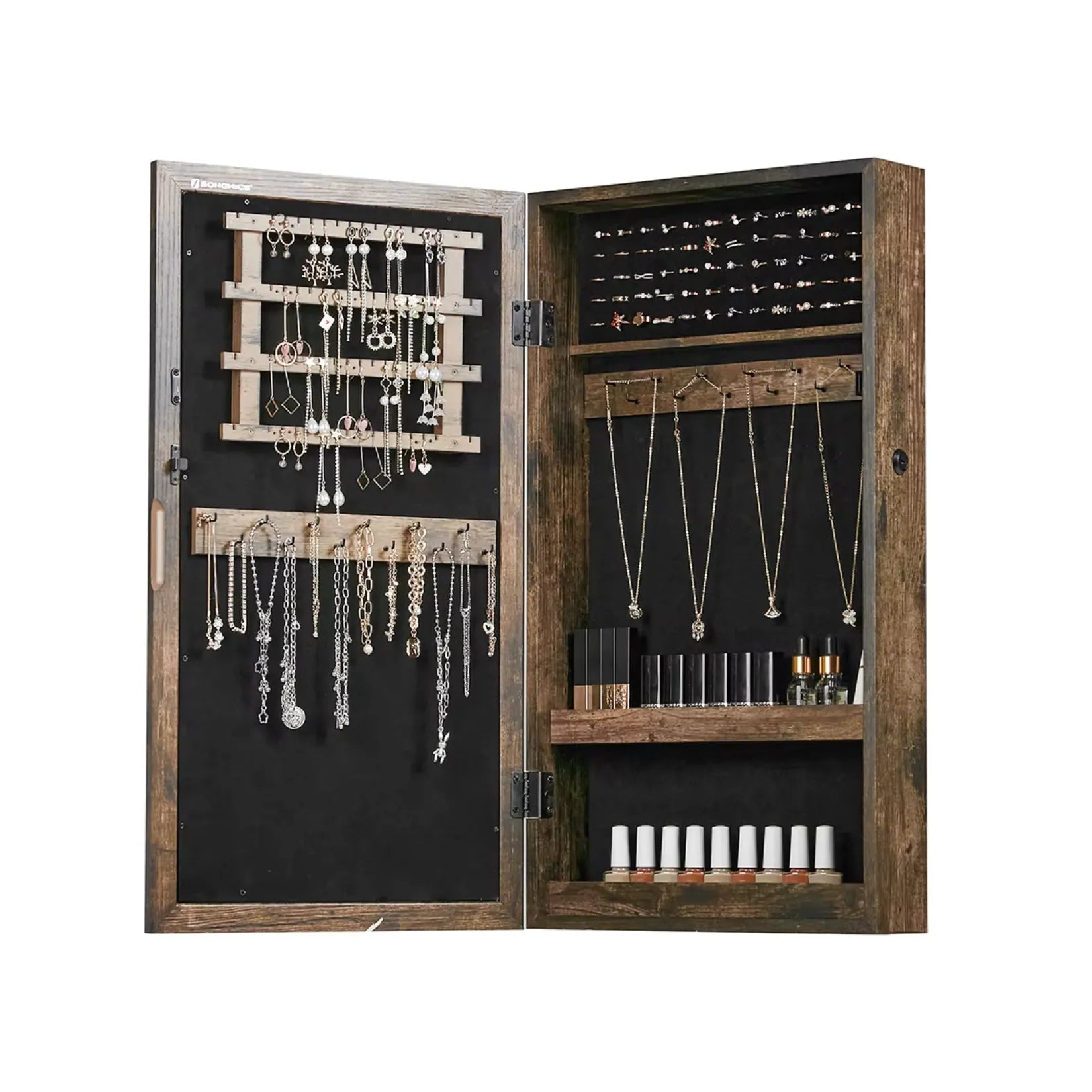 Armoire à bijoux avec miroir fixée au mur, bois foncé.