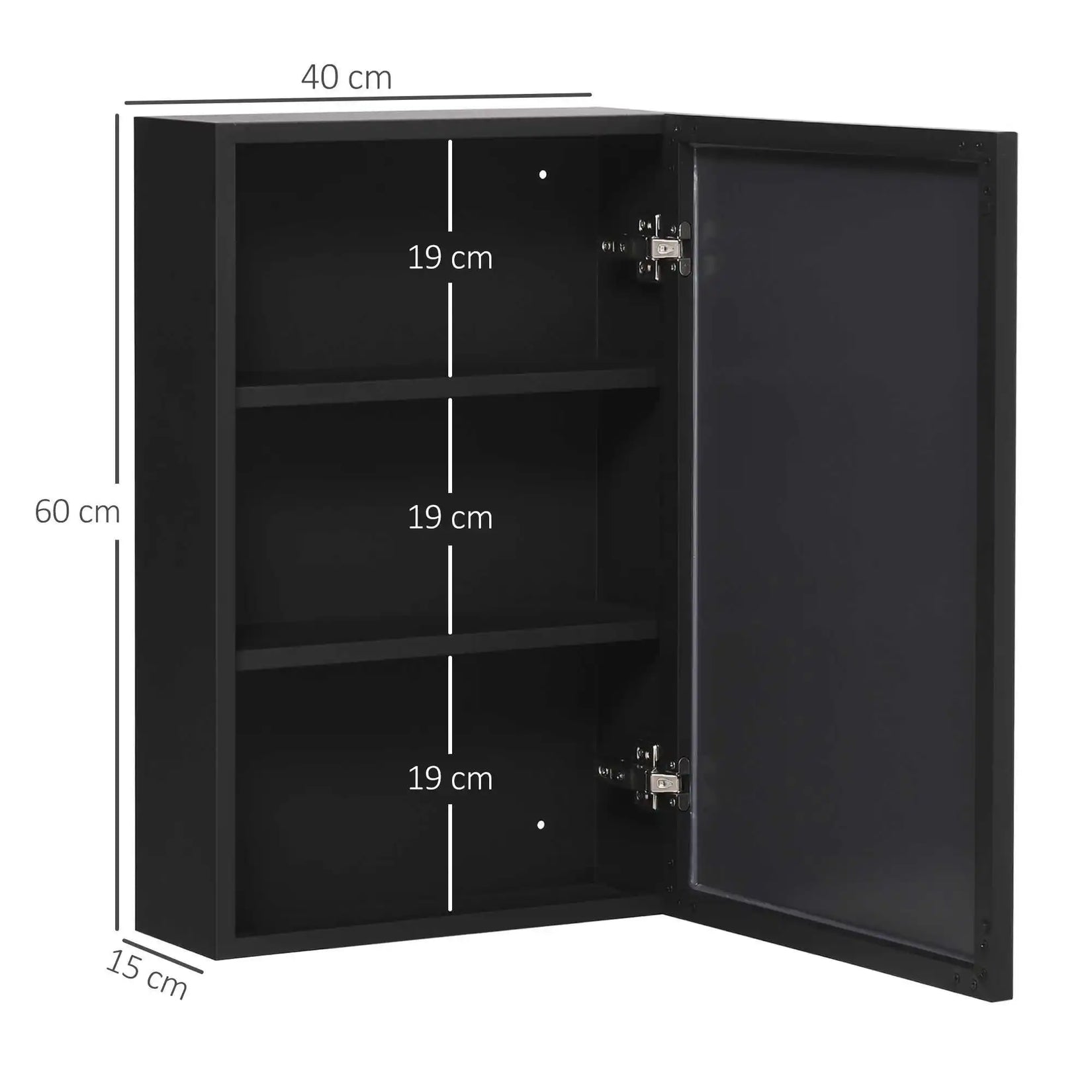 Vue intérieure de l’armoire de toilette miroir avec ses dimensions exactes 60x40x15 cm.