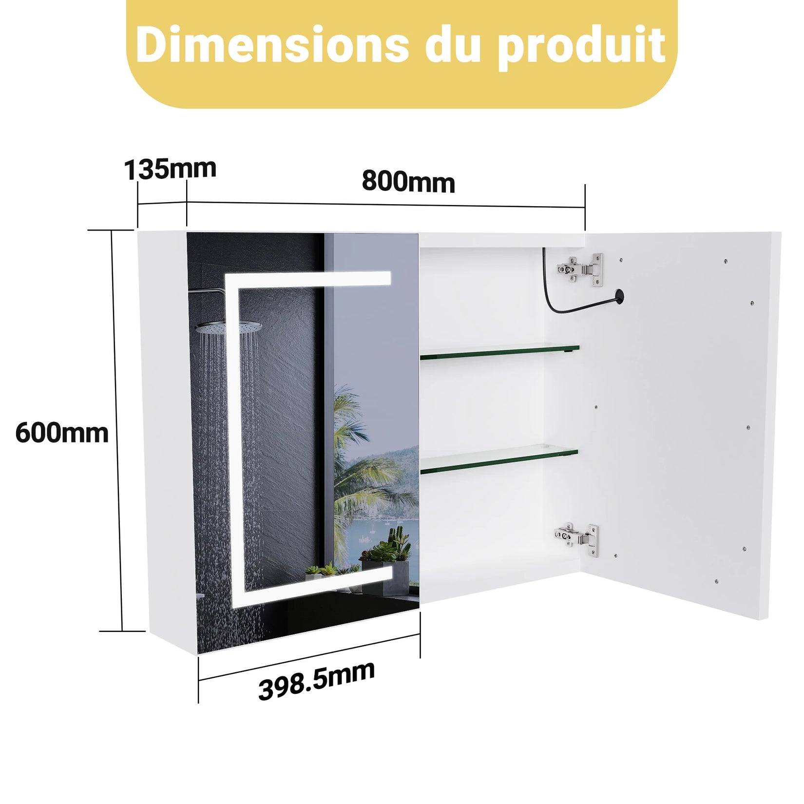 Dimensions armoire miroir salle de bain 80 cm avec profondeur et hauteur détaillées.