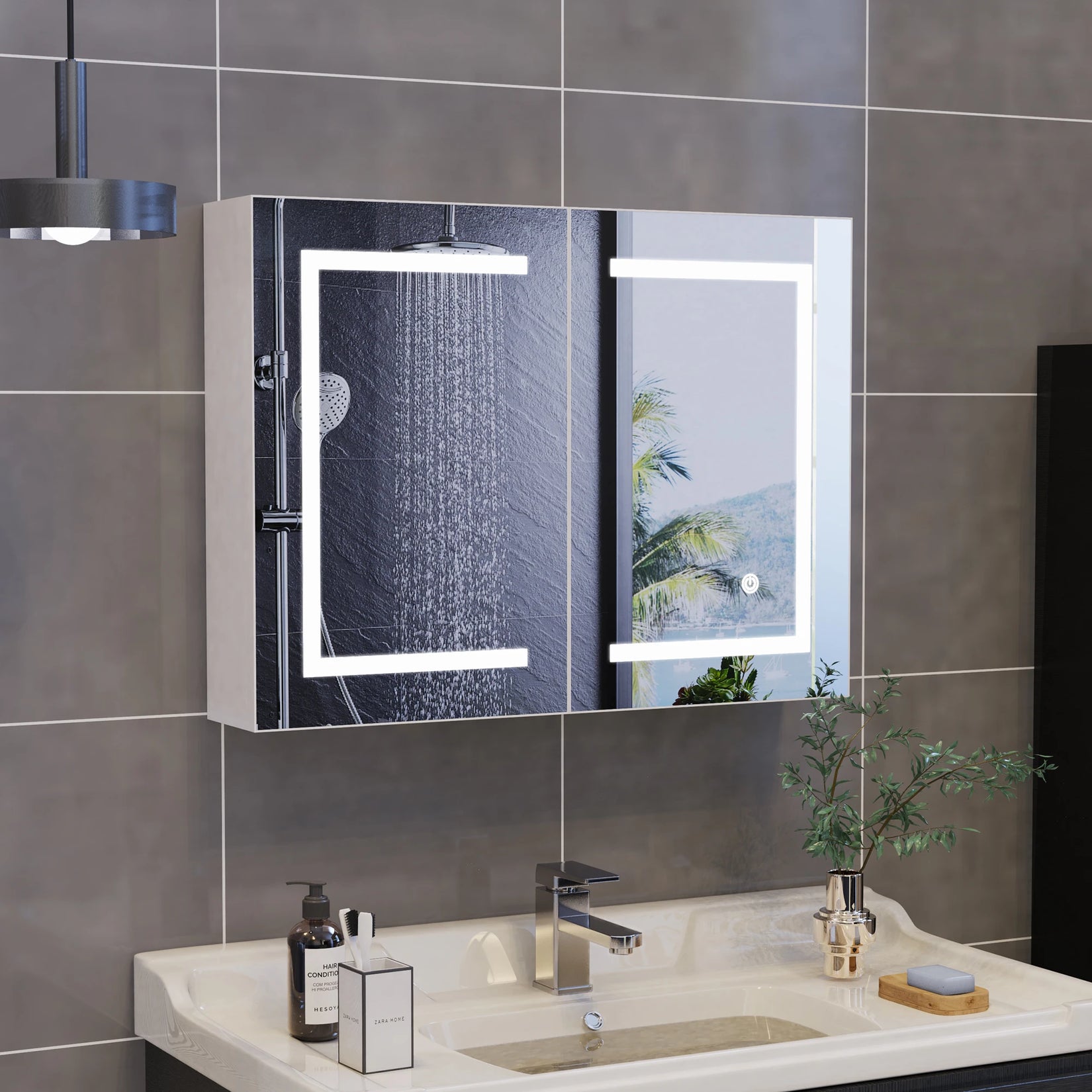 Armoire miroir salle de bain 80 cm double porte avec éclairage LED.