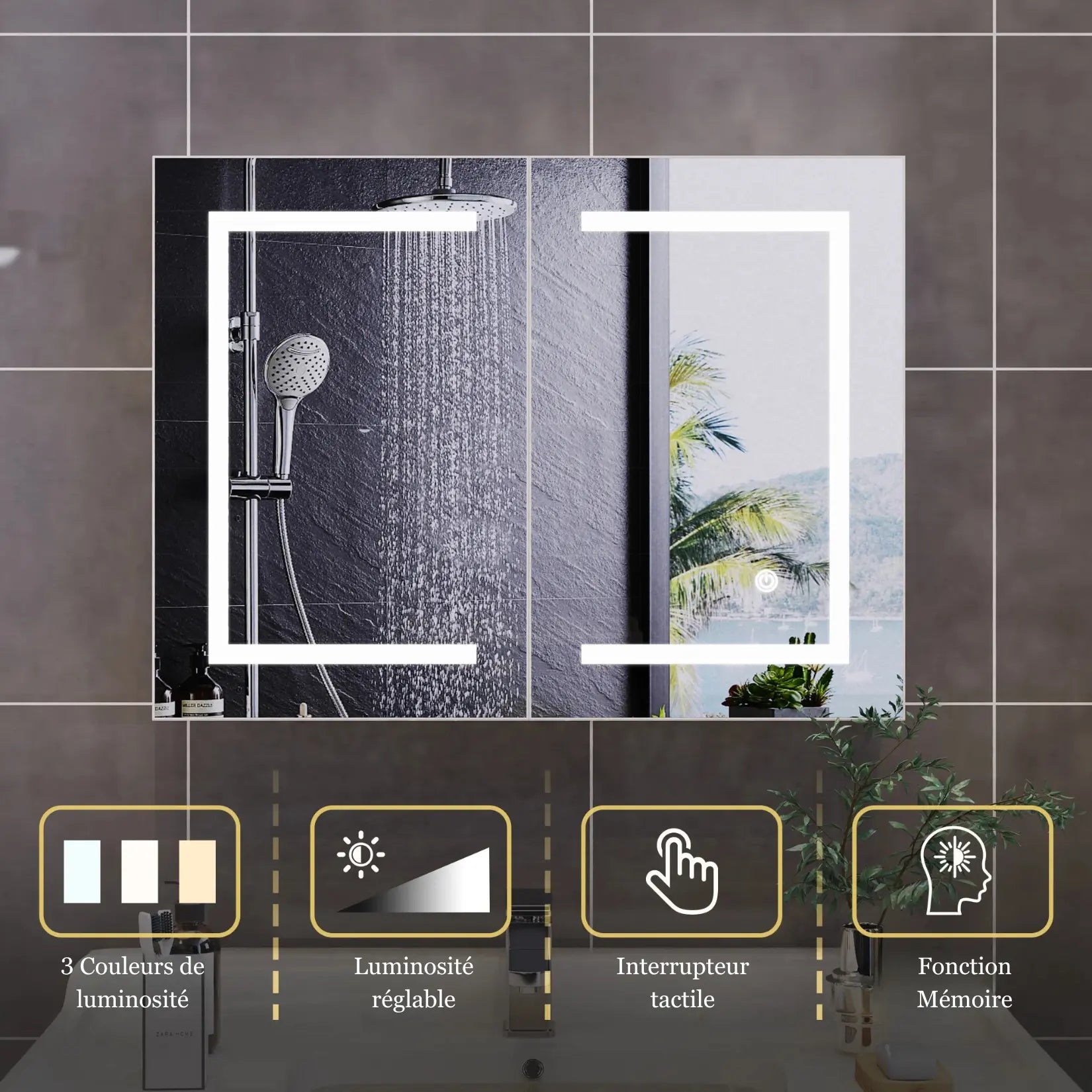 Armoire miroir salle de bain 80 cm avec interrupteur tactile et fonctions LED réglables.
