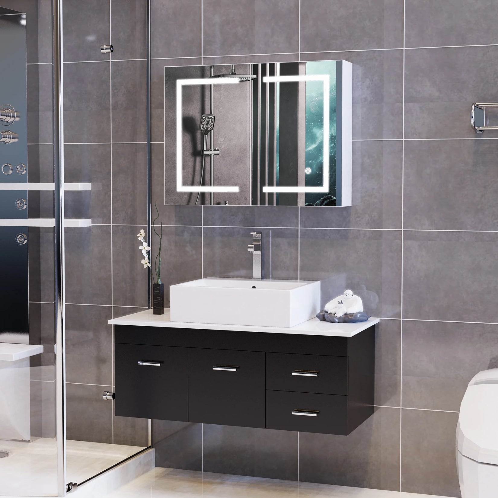 Armoire miroir salle de bain 80 cm installation murale design moderne.