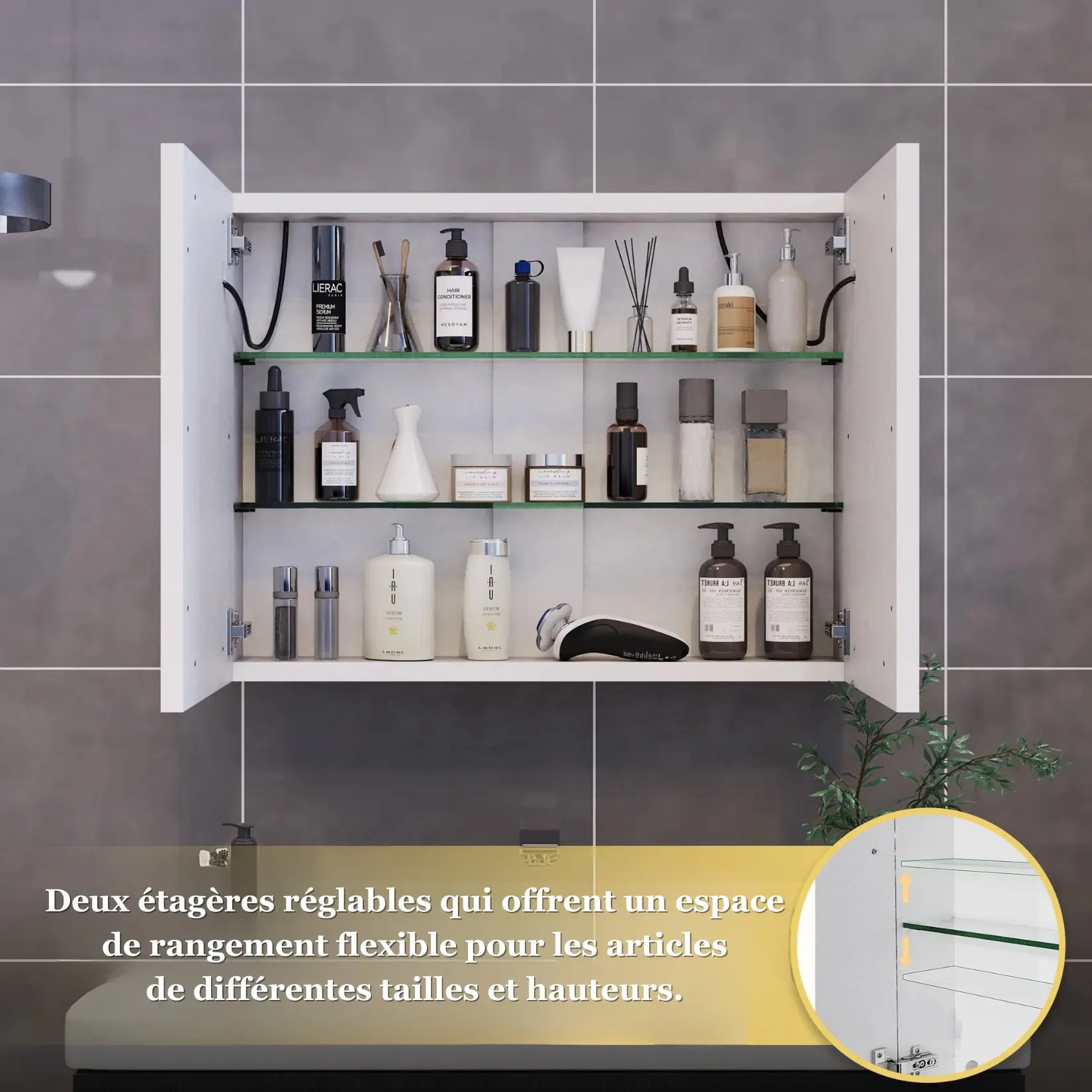 Armoire miroir salle de bain 80 cm avec étagères réglables pour rangement pratique.