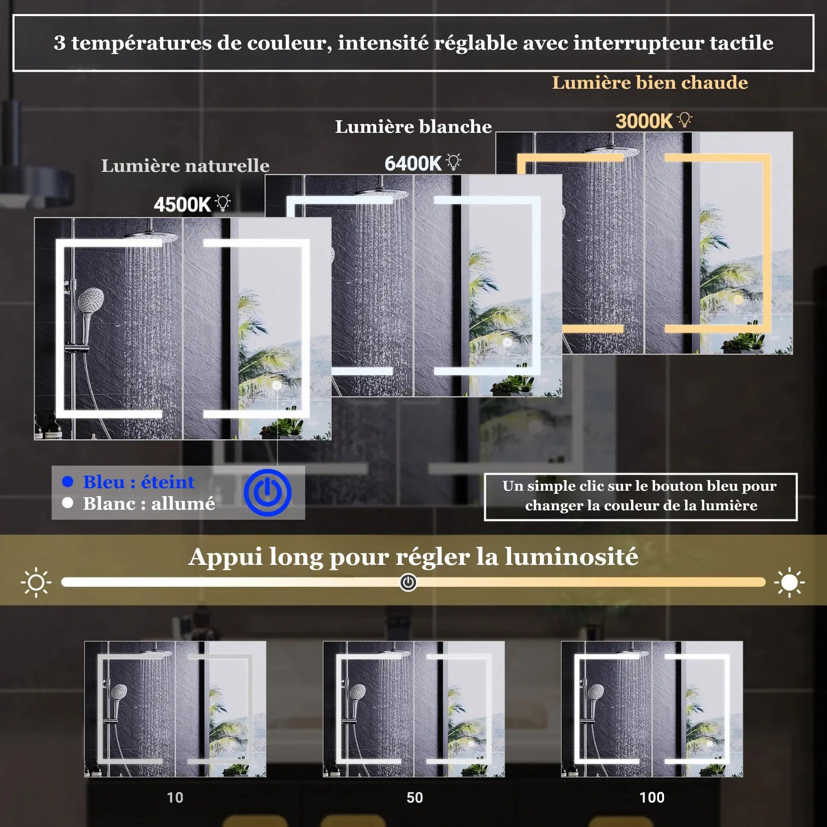 Armoire miroir salle de bain 80 cm avec trois températures de couleur et luminosité réglable.