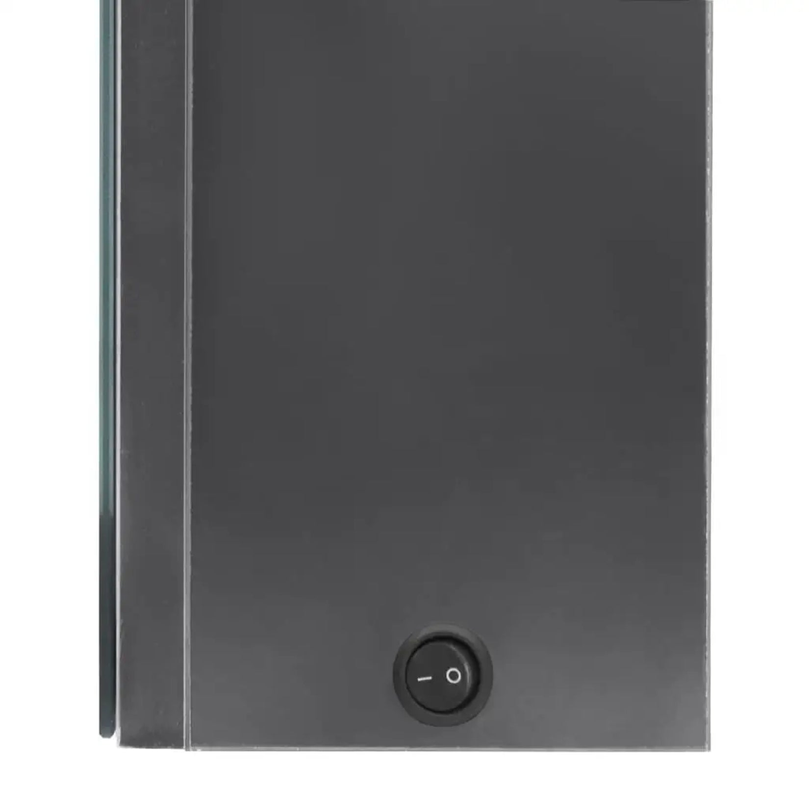 Détail du bouton marche/arrêt d’une armoire à miroir salle de bain avec éclairage LED.