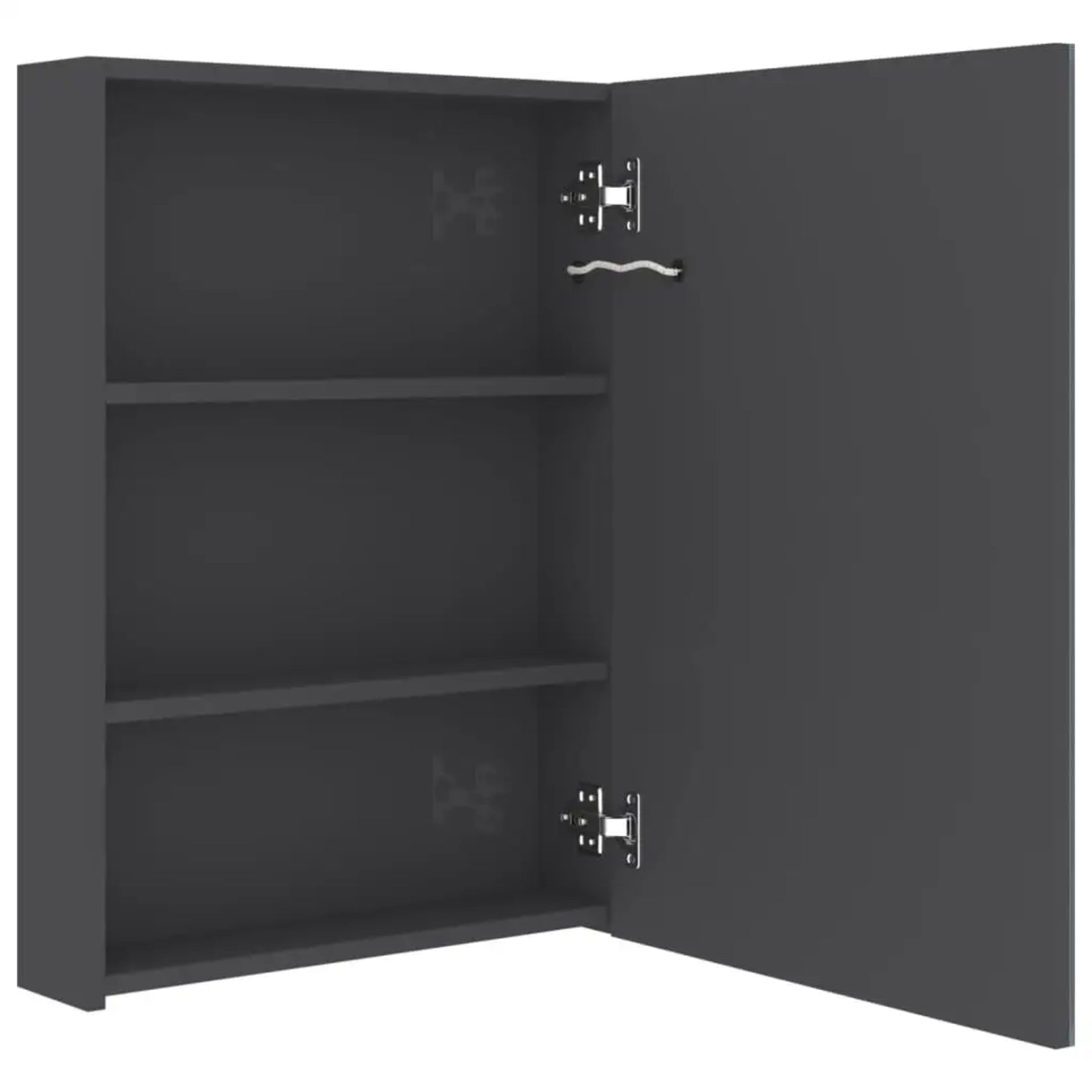 Vue intérieure de l’armoire à miroir salle de bain avec étagères de rangement.