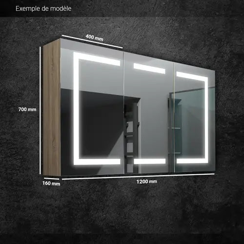 Armoire miroir salle de bain LED 120x70 - Dimensions et vue détaillée