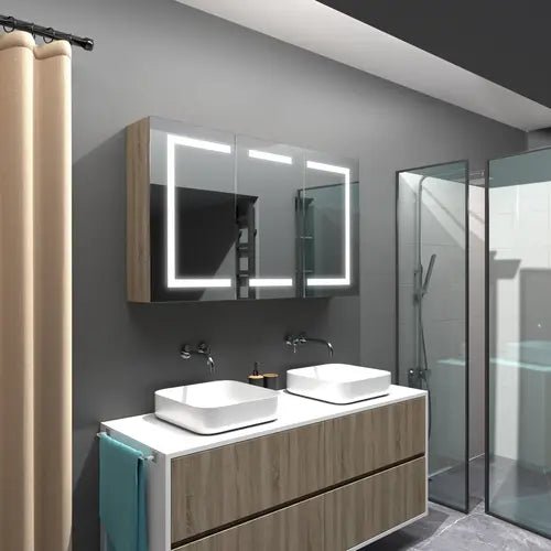 Armoire miroir salle de bain LED finition bois 120x70 - Ambiance naturelle dans la salle de bain