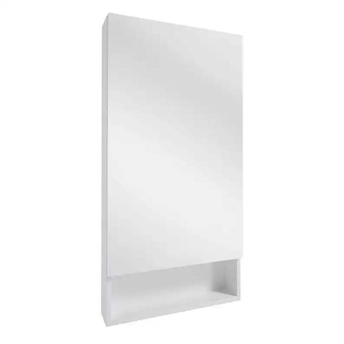 Armoire salle de bain miroir blanche avec façade fermée, vue en angle.