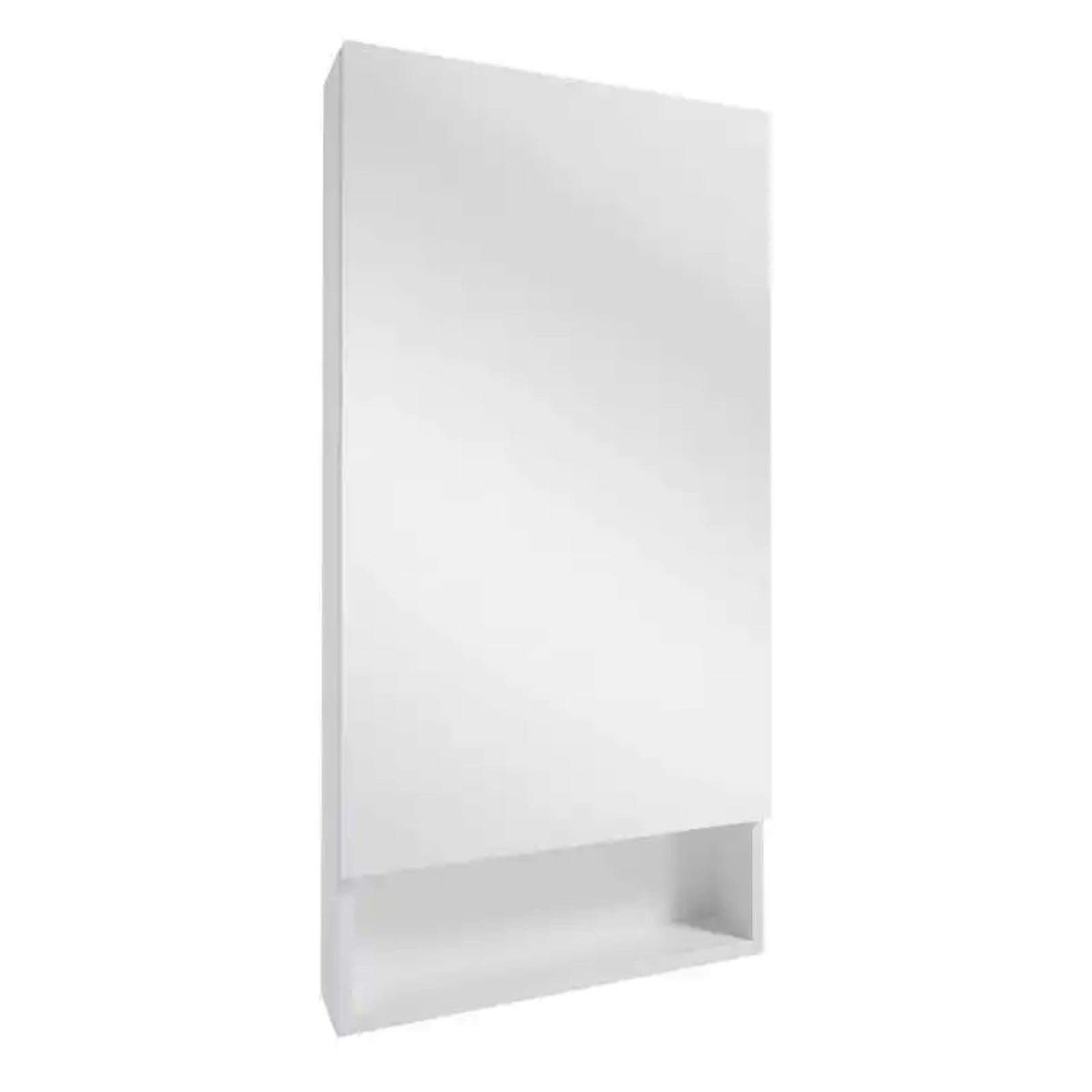Armoire salle de bain miroir blanche avec façade fermée, vue en angle.
