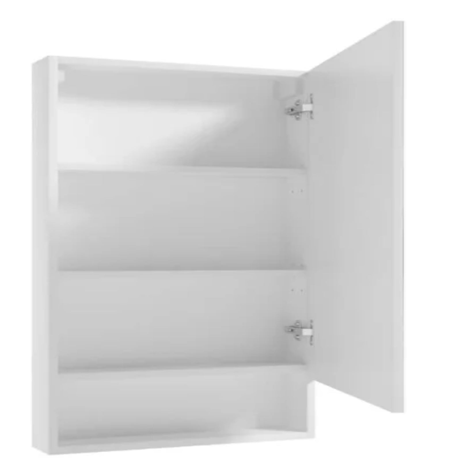 Armoire salle de bain miroir ouverte montrant les étagères de rangement intérieur.