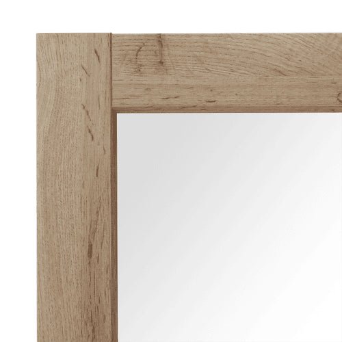 Gros plan sur le cadre en MDF finition chêne rustique du miroir 160x60 cm