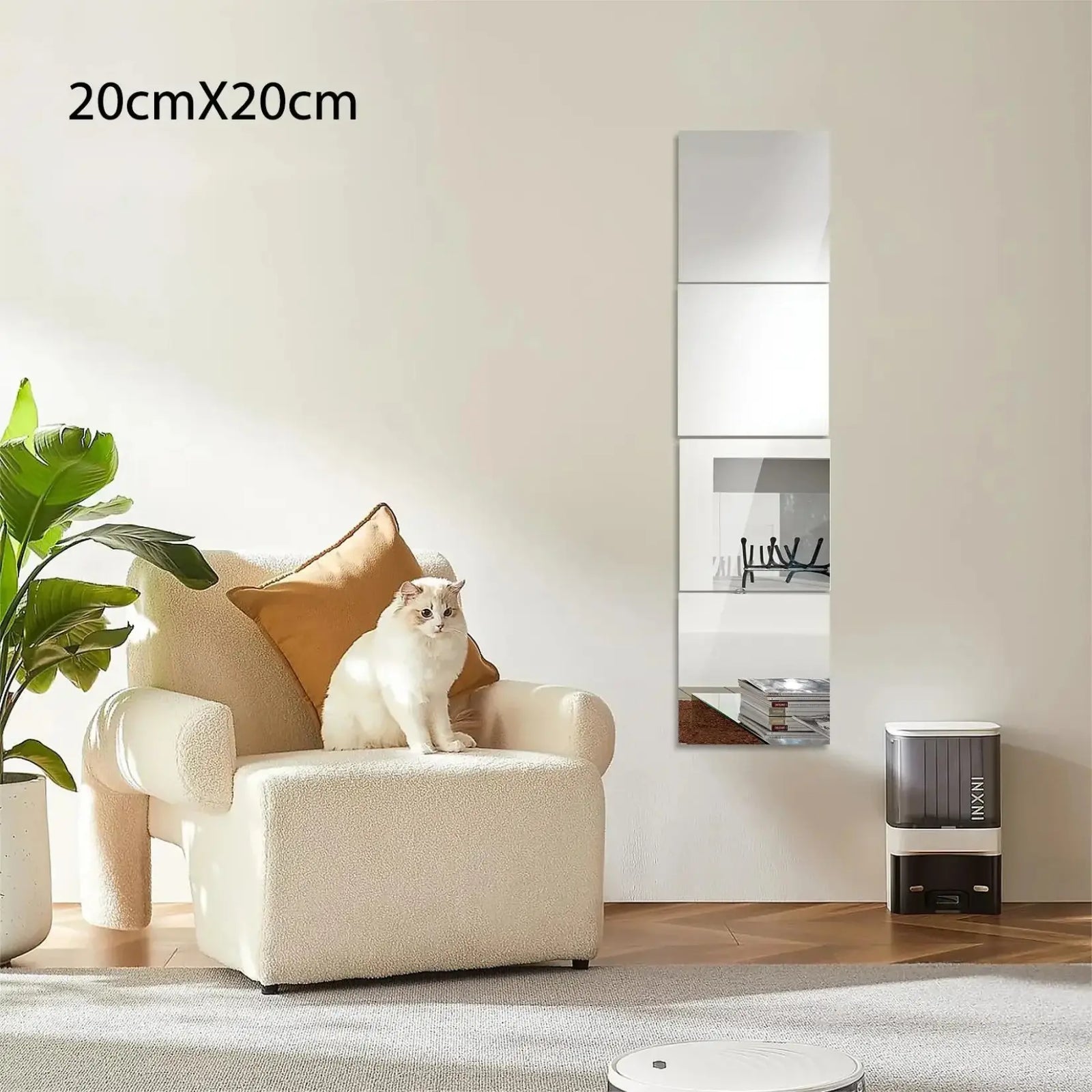 Carrés de miroir adhésif en disposition verticale sur un mur de salon, parfait pour une déco élégante et minimaliste.