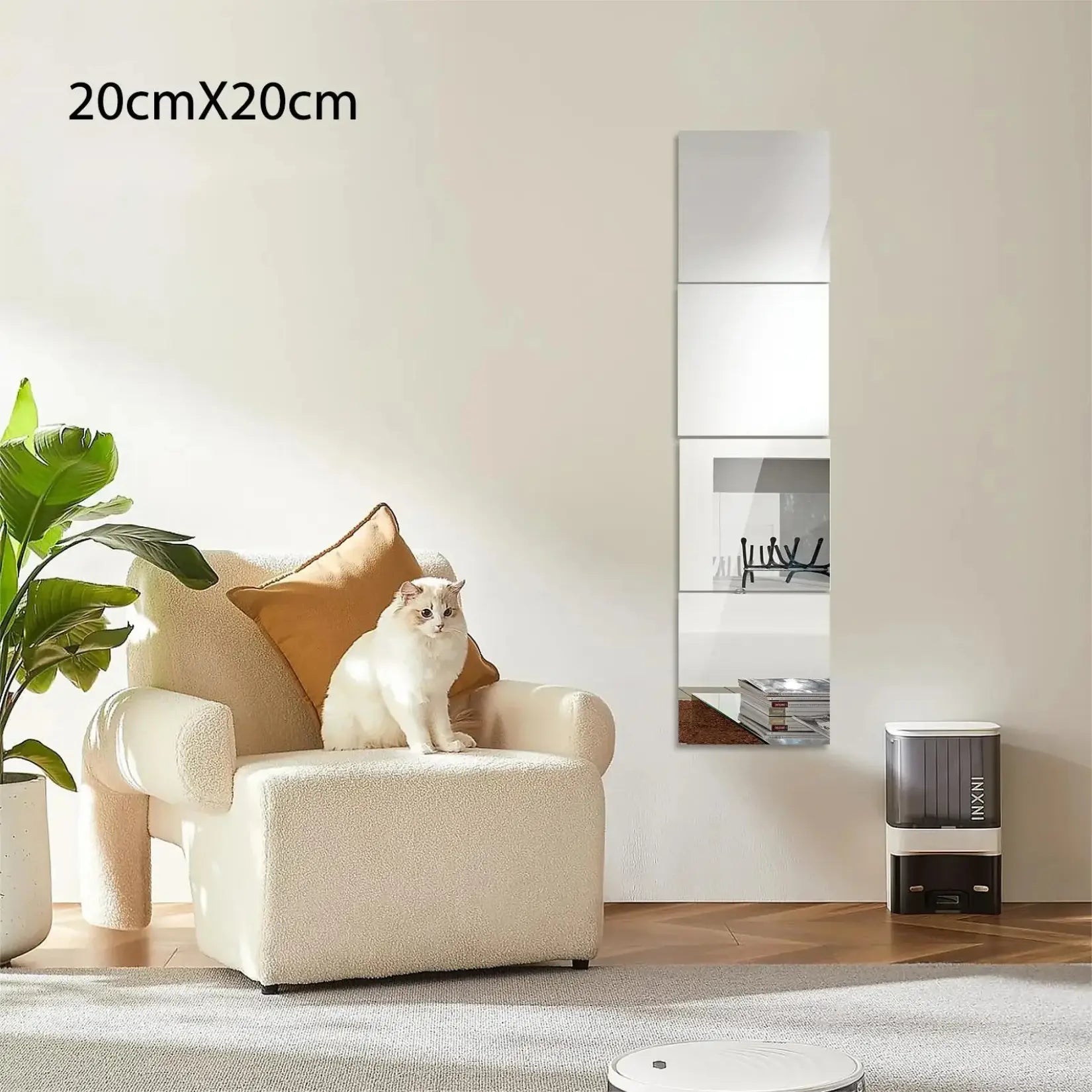 Carrés de miroir adhésif en disposition verticale sur un mur de salon, parfait pour une déco élégante et minimaliste.