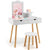 Vue de face de la coiffeuse enfant avec vrai miroir et son tabouret en bois.