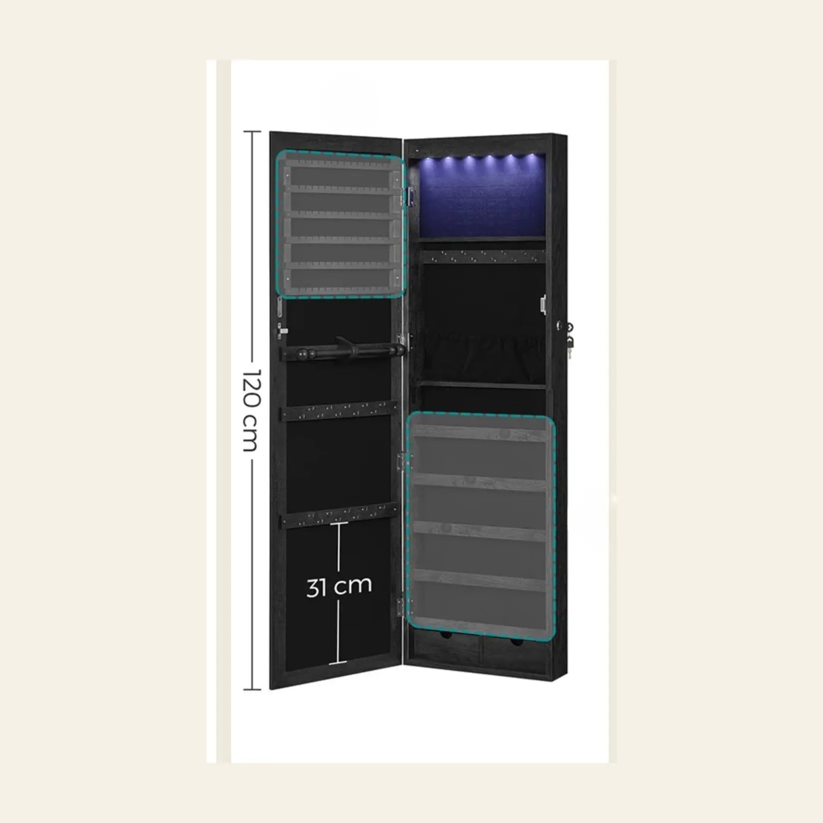 Dimensions de l’armoire à bijoux avec miroir noire et éclairage LED.
