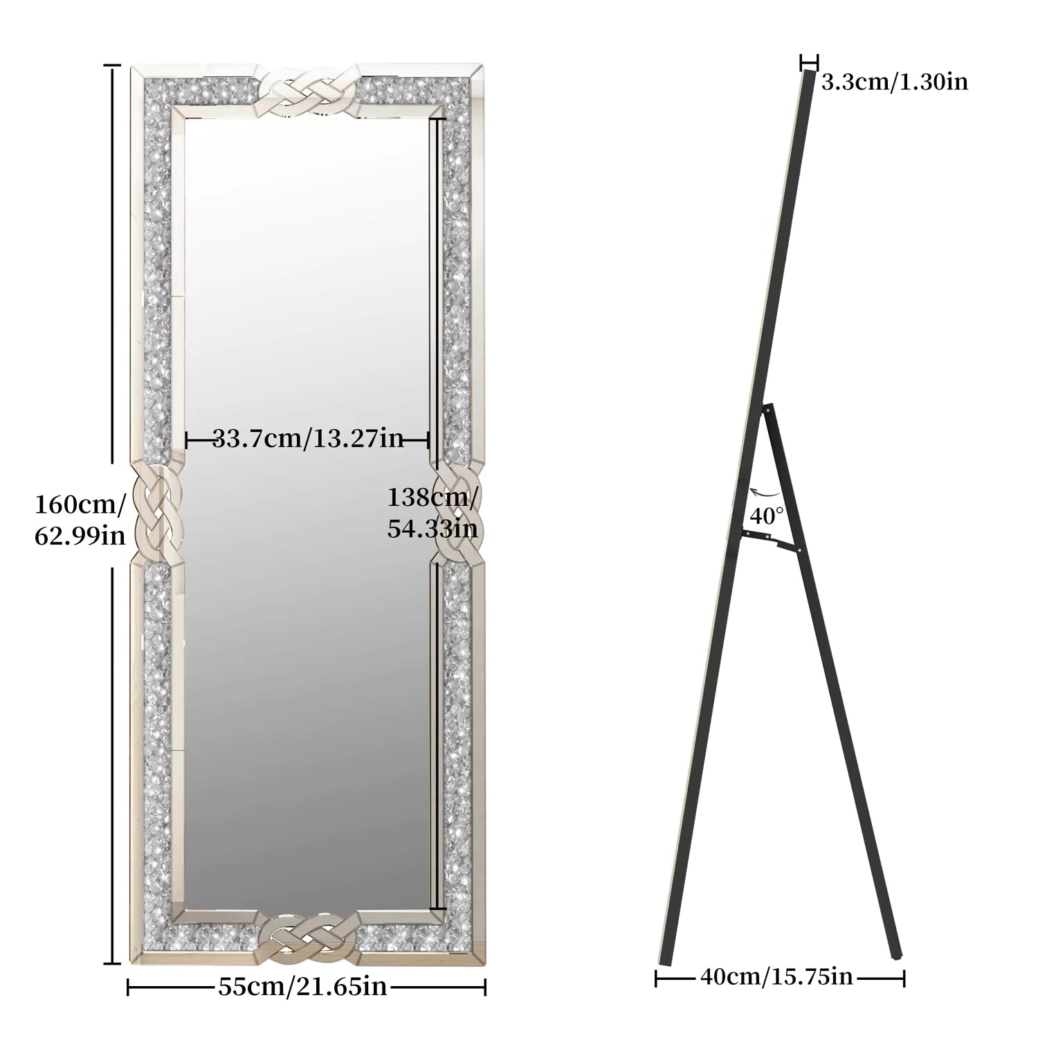 Dimensions précises du miroir mural design avec détails sur sa hauteur et sa profondeur