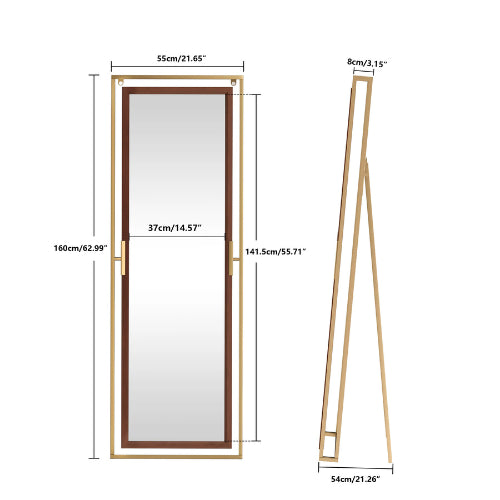 Détails techniques du miroir doré rectangulaire, avec dimensions de 55x160 cm et options de montage au mur ou sur pied