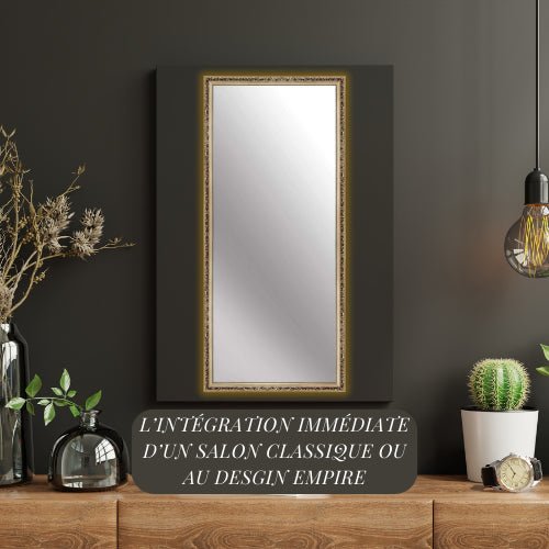 Grand miroir doré rectangulaire pour design classique ou haussmannien, fixation murale verticale ou horizontale