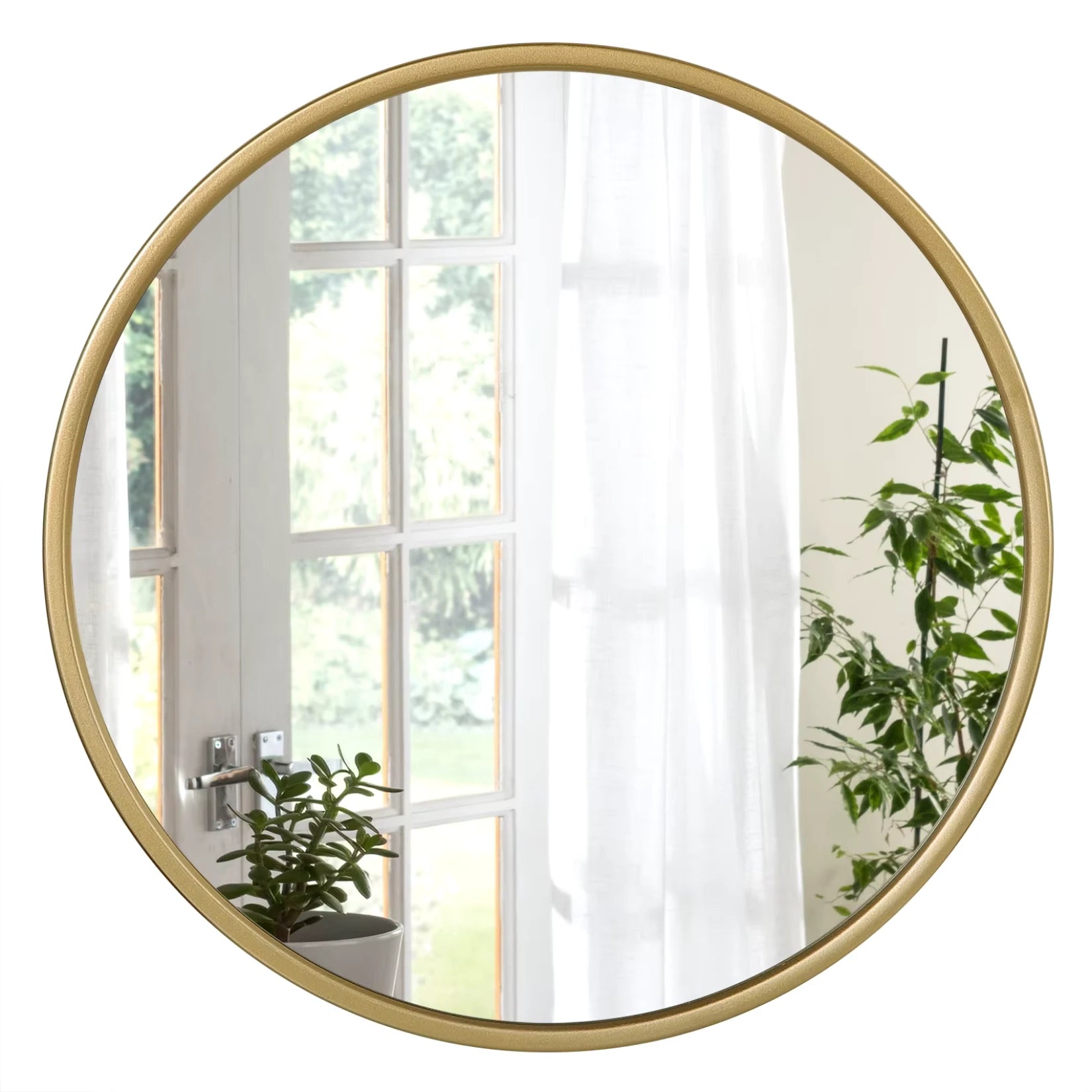 Vue rapprochée du Grand Miroir Rond Doré 60 cm mettant en valeur son élégant cadre métallique doré.