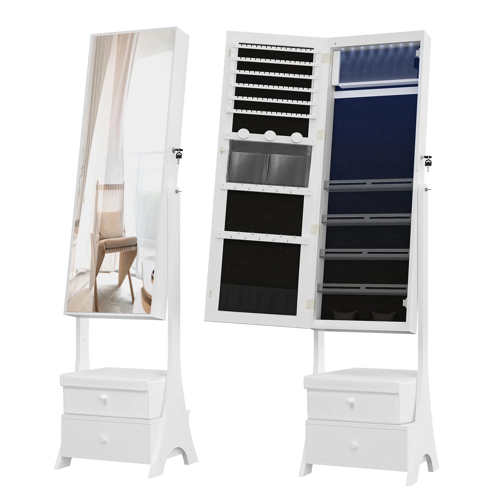Vue avant et intérieure d’une grande armoire bijoux miroir pas cher.