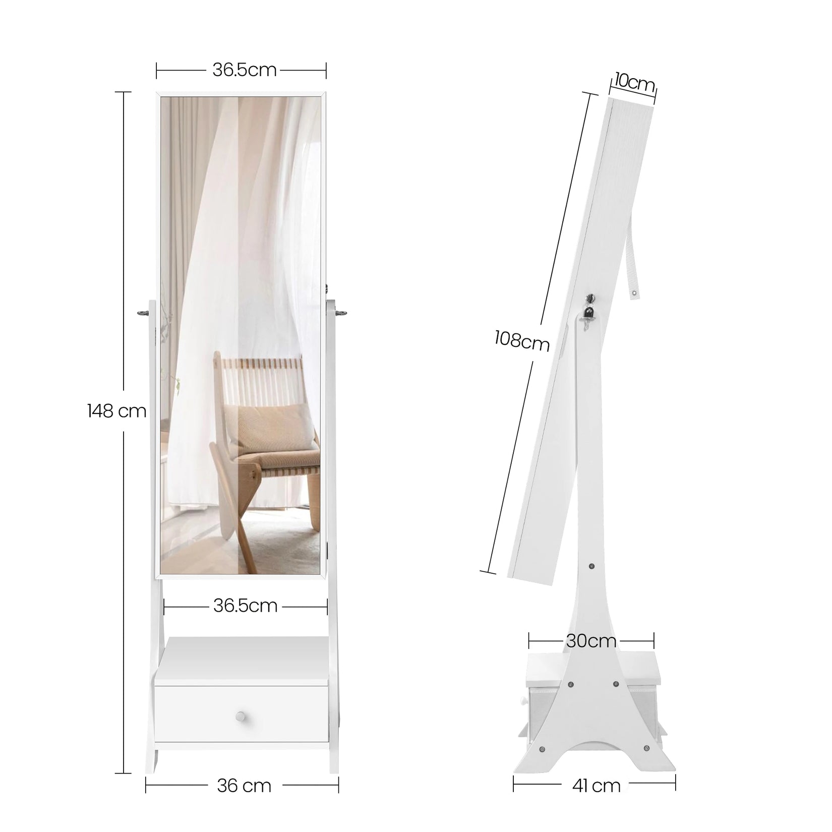 Dimensions détaillées de la grande armoire bijoux miroir pas cher.