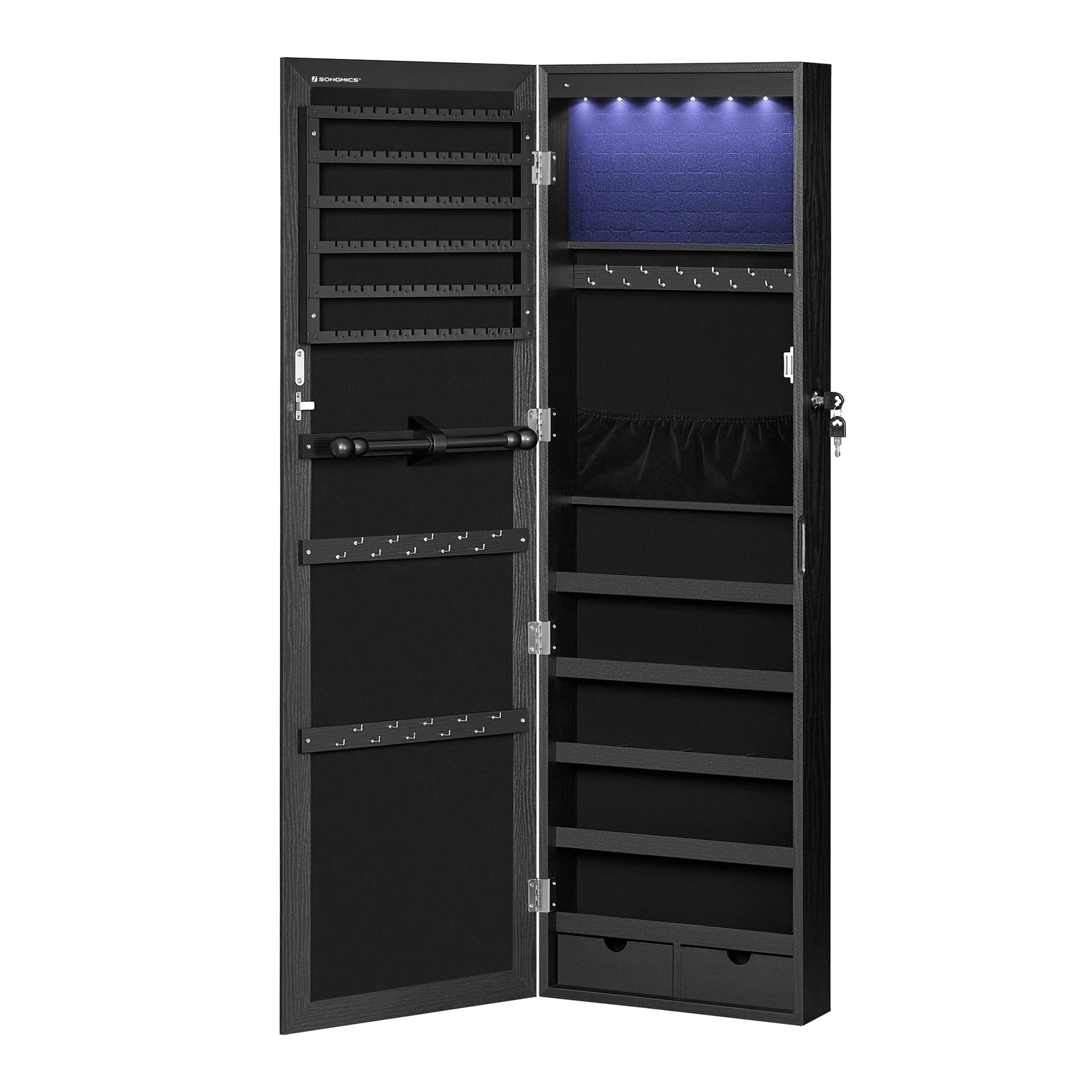 Vue intérieure de l’armoire à bijoux avec miroir noire et lumière LED bleue.